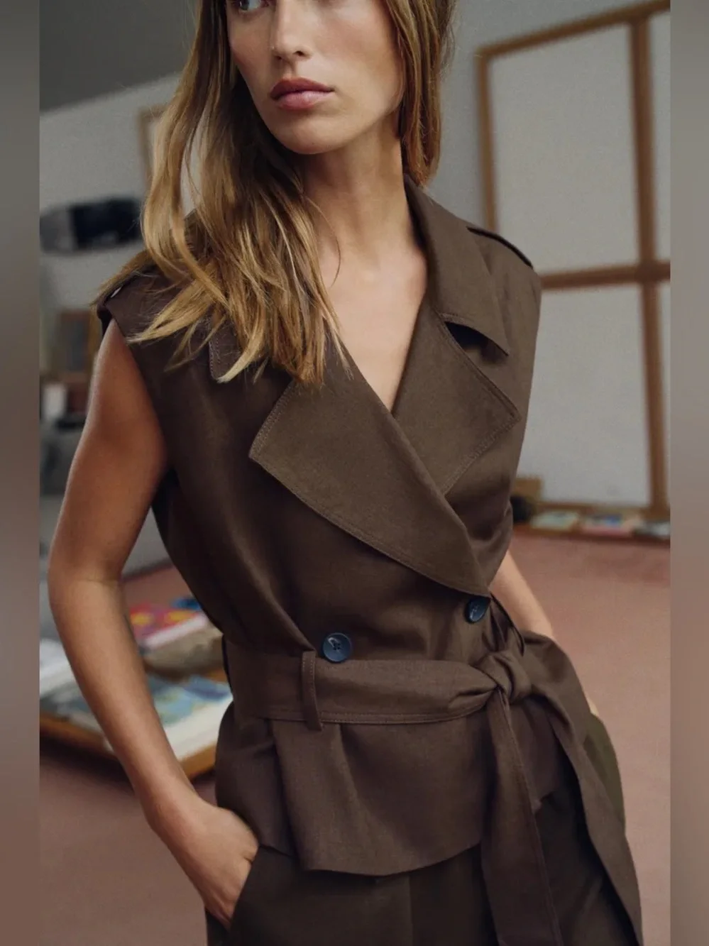 ZARA LINEN BELTED DOUBLE BREASTED VEST